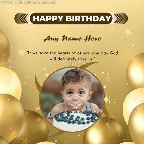 Golden Happy birthday greeting card with name and photo edit