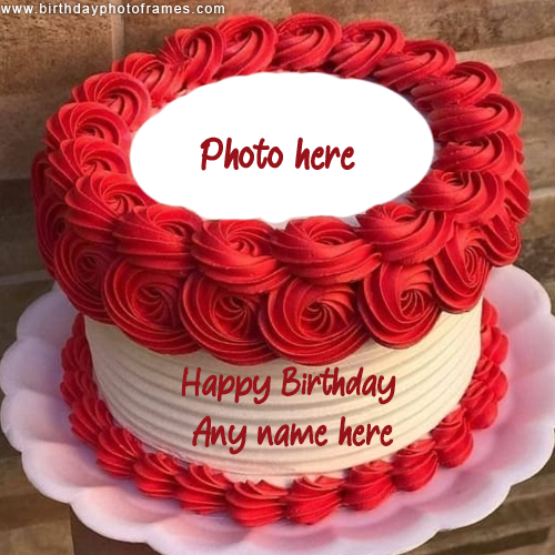 Happy Birthday Red Rose Round Cake with Name and Photo Edit