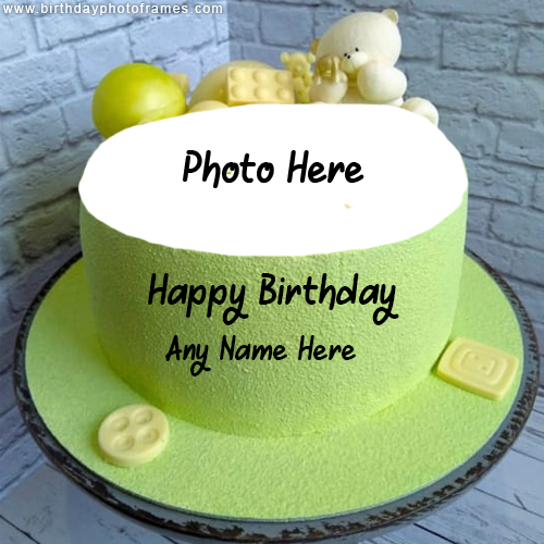 Happy Birthday green teddy bear Cake with name and photo