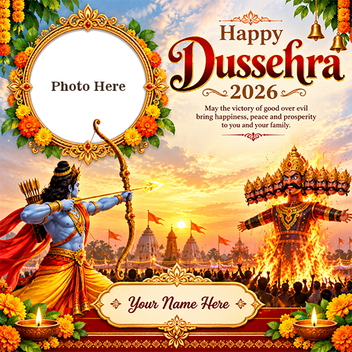 Happy Dussehra 2026 Wishes Card with Name and Photo Free