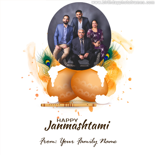 Happy Janmashtami family name card with photo edit