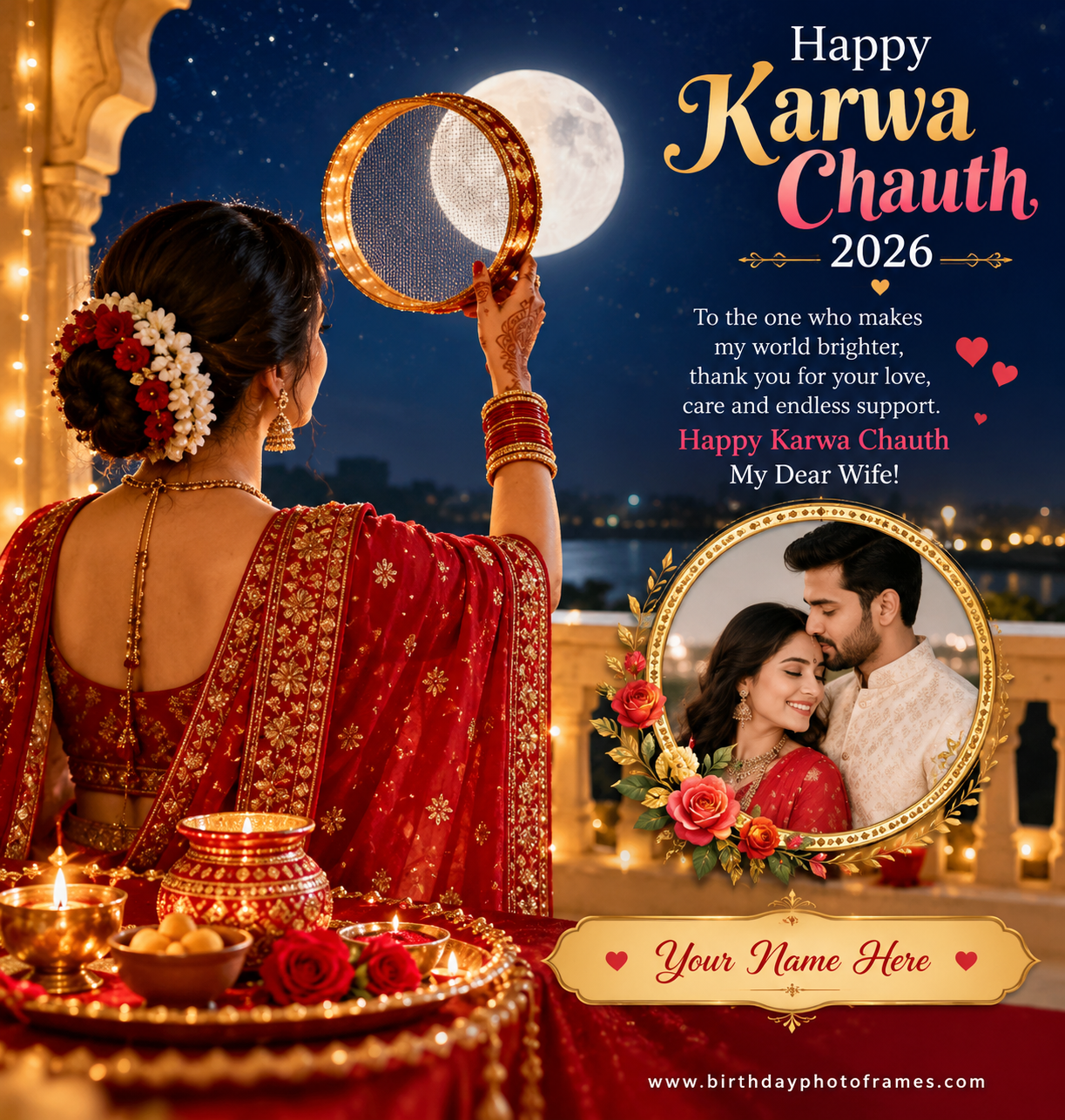 Happy Karwa Chauth 2026 Wishes Card with Name and Photo
