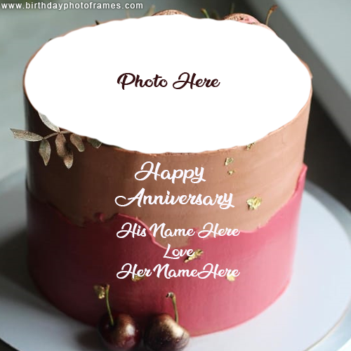 Happy anniversary cake image card with name and photo edit