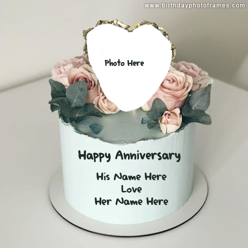 Happy anniversary greeting cake with couple name and photo