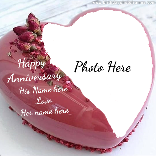 Happy anniversary heart cake with name edit and photo