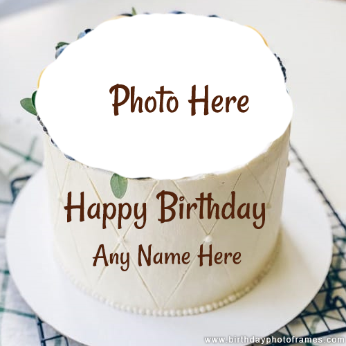 Happy birthday soft white cake with name and photo