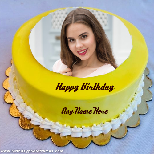 Happy birthday yellow cake with name and photo