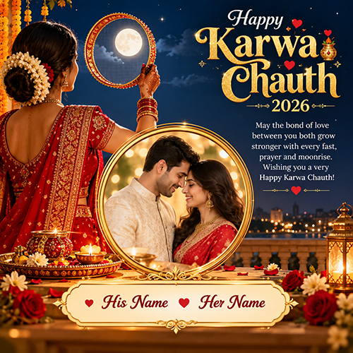 Karwa Chauth 2026 Wishes Card with Couple Name and Photo