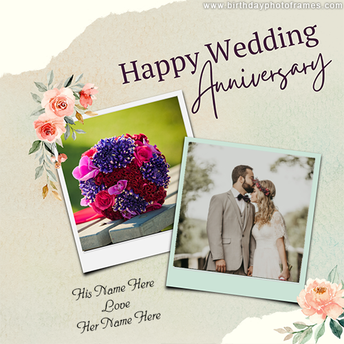 Wishing you a happy wedding anniversary on a card with his and her name