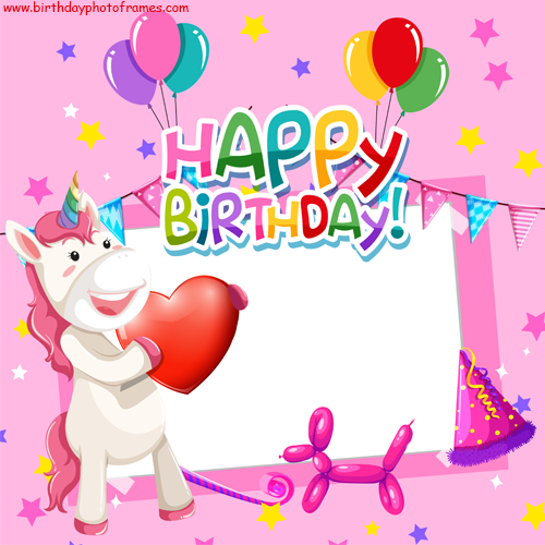 unicorn birthday wishes card with photo and name