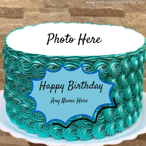 Blue happy birthday cake with candles and decorations